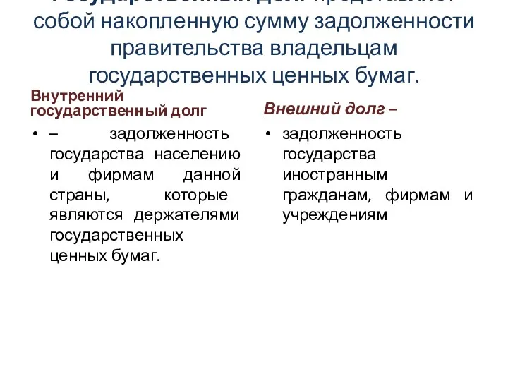 Государственный долг представляет собой накопленную сумму задолженности правительства владельцам государственных