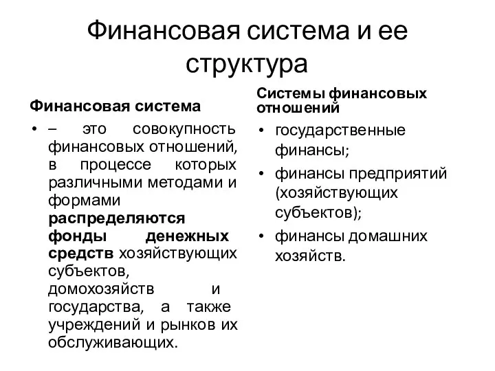 Финансовая система и ее структура Финансовая система – это совокупность