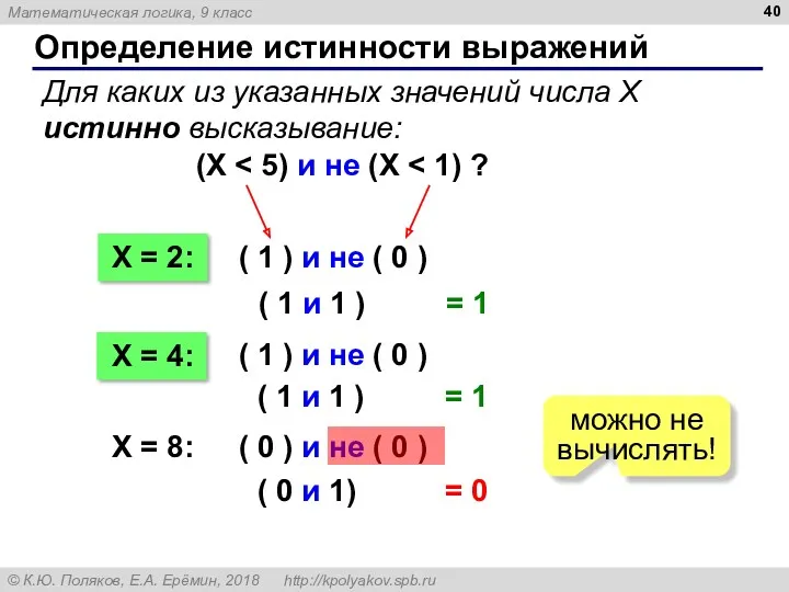 Определение истинности выражений Для каких из указанных значений числа X