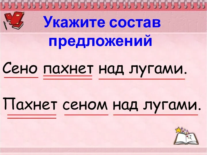 Укажите состав предложений Сено пахнет над лугами. Пахнет сеном над лугами.