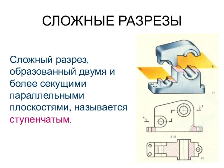 СЛОЖНЫЕ РАЗРЕЗЫ Сложный разрез, образованный двумя и более секущими параллельными плоскостями, называется ступенчатым.