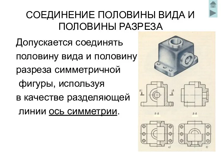 СОЕДИНЕНИЕ ПОЛОВИНЫ ВИДА И ПОЛОВИНЫ РАЗРЕЗА Допускается соединять половину вида