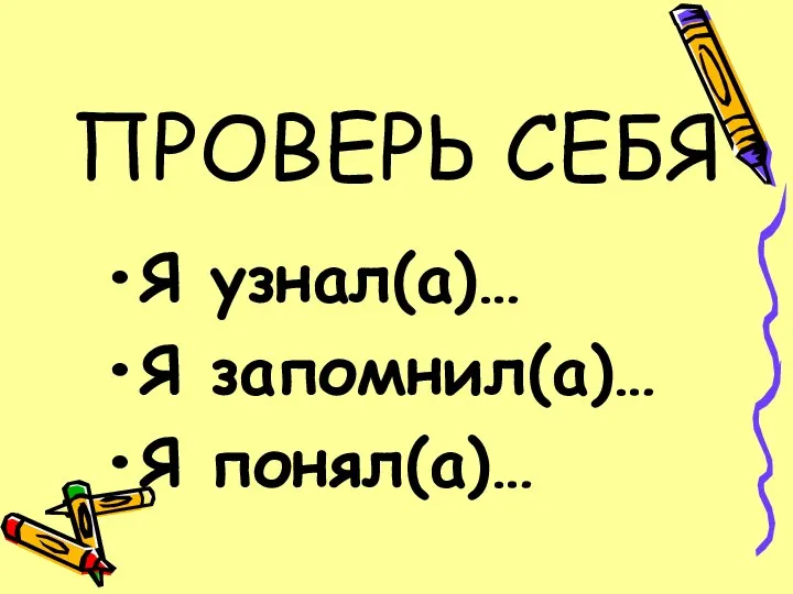 ПРОВЕРЬ СЕБЯ Я узнал(а)… Я запомнил(а)… Я понял(а)…