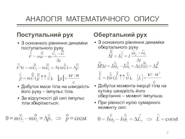 АНАЛОГІЯ МАТЕМАТИЧНОГО ОПИСУ Поступальний рух З основного рівняння динаміки поступального