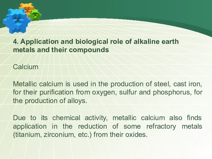 4. Application and biological role of alkaline earth metals and