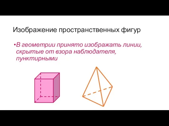 Изображение пространственных фигур В геометрии принято изображать линии, скрытые от взора наблюдателя, пунктирными