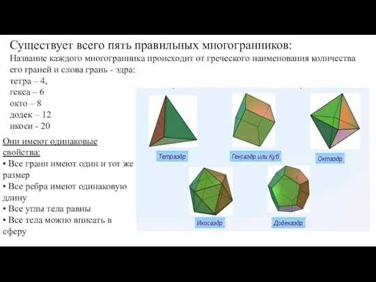 Существует всего пять правильных многогранников: Название каждого многогранника происходит от