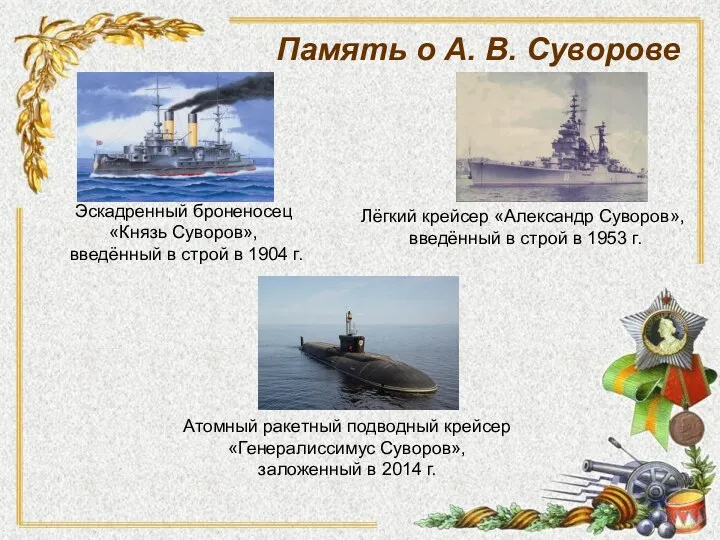 Память о А. В. Суворове Эскадренный броненосец «Князь Суворов», введённый
