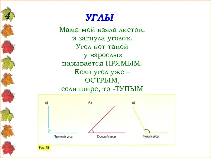 УГЛЫ 4 Мама мой взяла листок, и загнула уголок. Угол