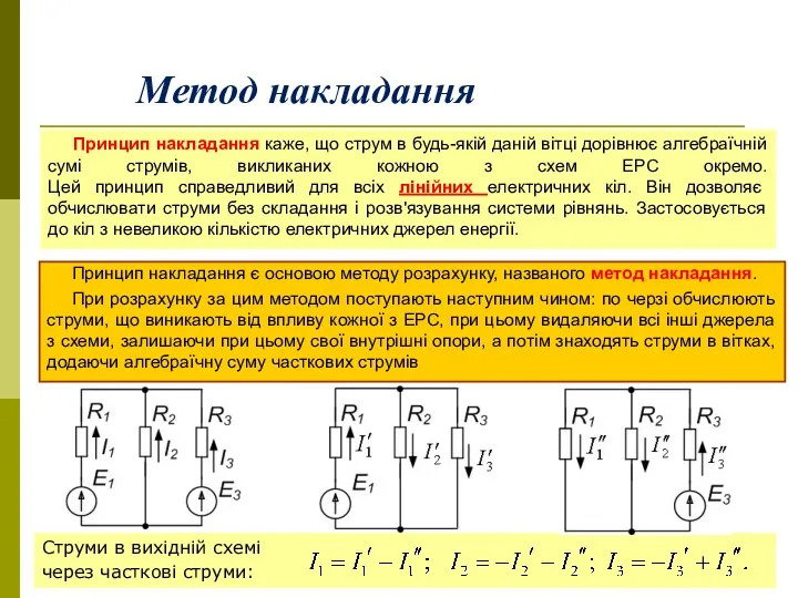 Метод накладання Принцип накладання каже, що струм в будь-якій даній