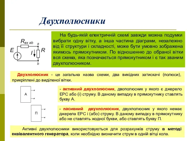 Двухполюсники Двухполюсник - це загальна назва схеми, два вихідних затискачі