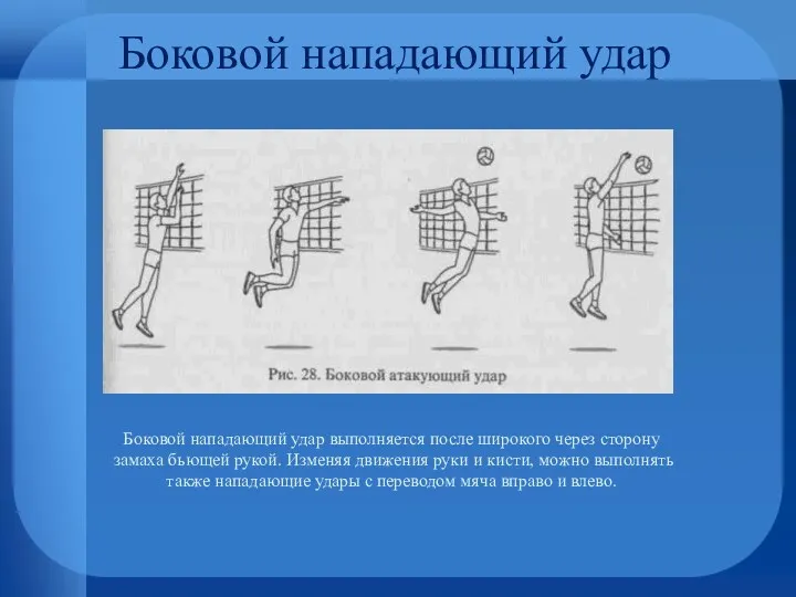 Боковой нападающий удар Боковой нападающий удар выполняется после широкого через