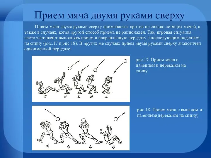 Прием мяча двумя руками сверху применяется против не сильно летящих