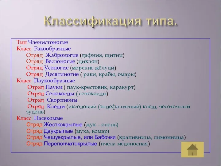 Тип Членистоногие Класс Ракообразные Отряд Жаброногие (дафния, щитни) Отряд Веслоногие