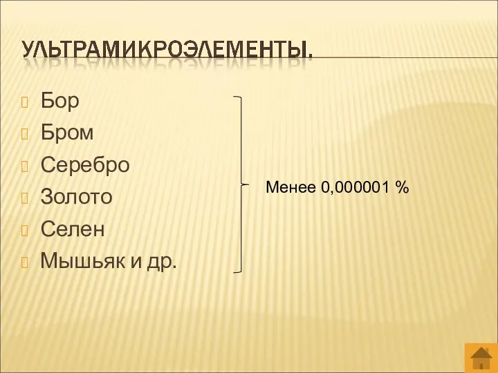 Бор Бром Серебро Золото Селен Мышьяк и др. Менее 0,000001 %