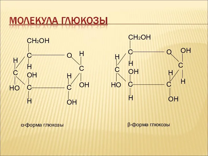 α-форма глюкозы СН2ОН Н Н Н Н ОН НО Н ОН ОН β-форма глюкозы