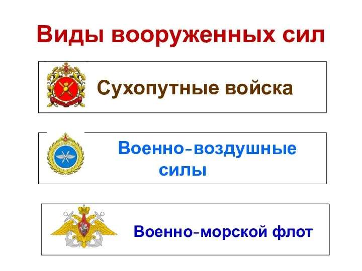 Виды вооруженных сил Сухопутные войска Военно-воздушные силы Военно-морской флот