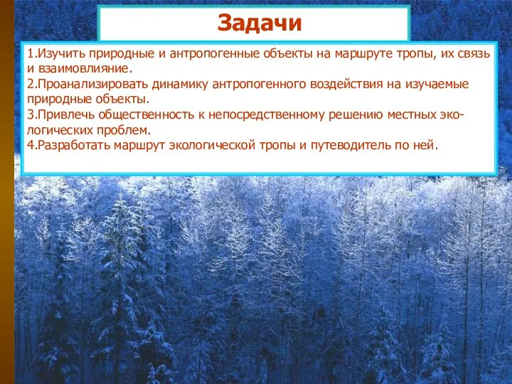 Задачи Задачи 1.Изучить природные и антропогенные объекты на маршруте тропы,