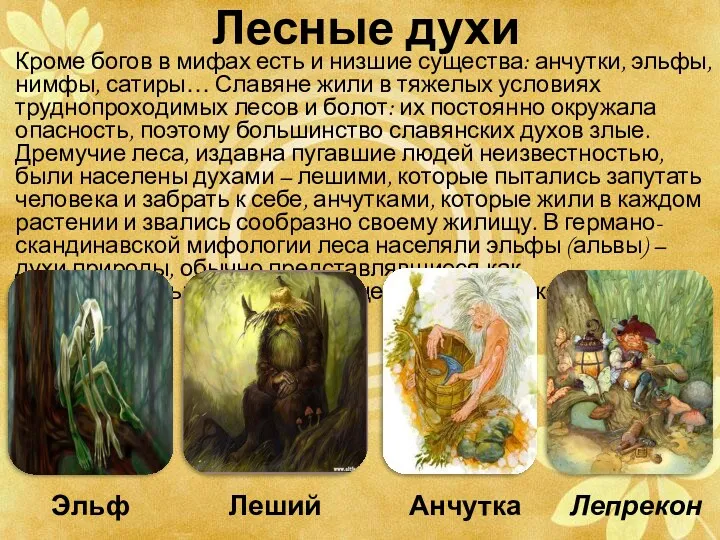 Лесные духи Кроме богов в мифах есть и низшие существа: анчутки, эльфы, нимфы,