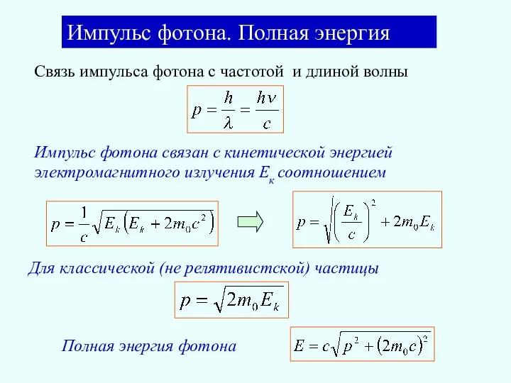 Импульс фотона. Полная энергия Связь импульса фотона с частотой и