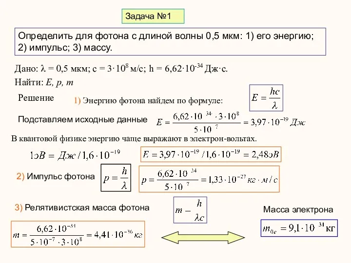 Задача №1 Определить для фотона с длиной волны 0,5 мкм: