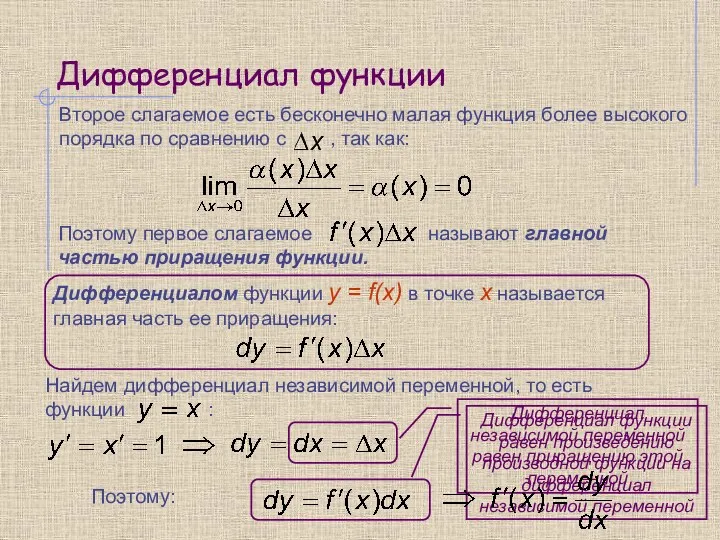 Дифференциал функции Второе слагаемое есть бесконечно малая функция более высокого