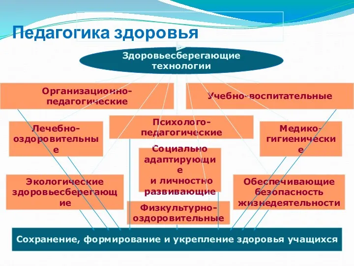 Педагогика здоровья Сохранение, формирование и укрепление здоровья учащихся Здоровьесберегающие технологии