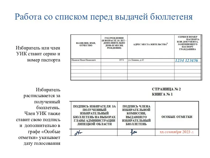 Работа со списком перед выдачей бюллетеня 1234 123456