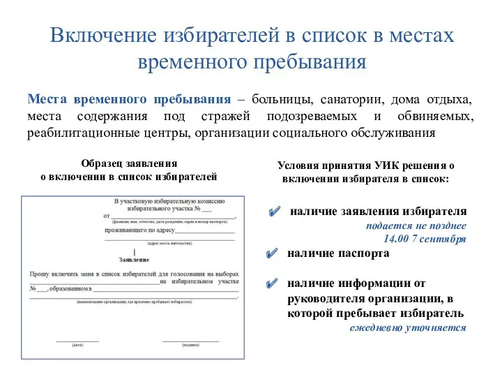 Включение избирателей в список в местах временного пребывания Места временного