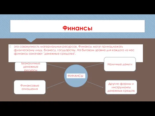 Финансы это совокупность материальных ресурсов. Финансы могут принадлежать физическому лицу,