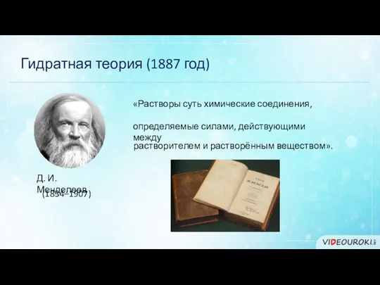 Гидратная теория (1887 год) Д. И. Менделеев (1834–1907) «Растворы суть