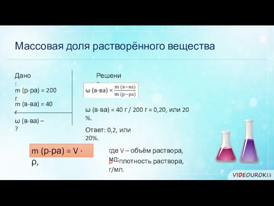 Массовая доля растворённого вещества Дано: m (р-ра) = 200 г