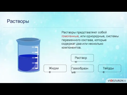 Растворы Растворы представляют собой гомогенные, или однородные, системы переменного состава,