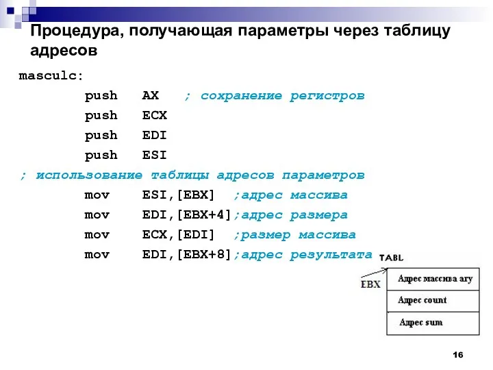 Процедура, получающая параметры через таблицу адресов masculc: push AX ;