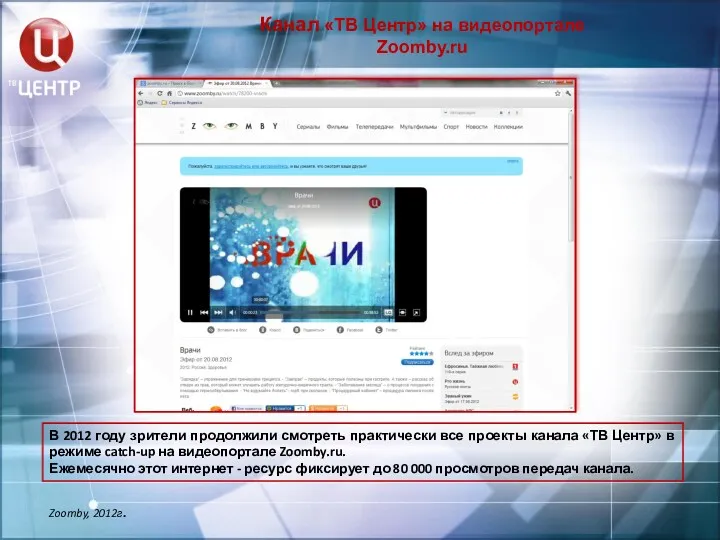 Канал «ТВ Центр» на видеопортале Zoomby.ru Zoomby, 2012г. В 2012