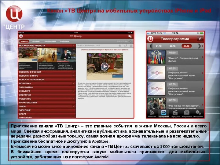 Канал «ТВ Центр» на мобильных устройствах iPhone и iPad Приложение