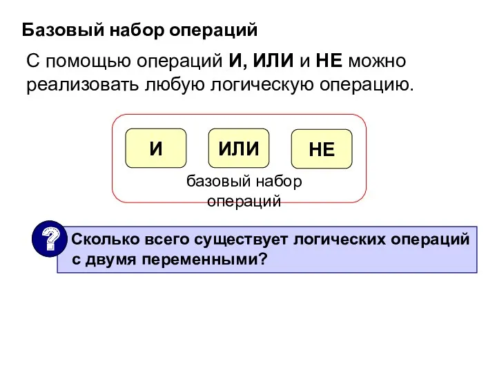 Базовый набор операций С помощью операций И, ИЛИ и НЕ можно реализовать любую логическую операцию.