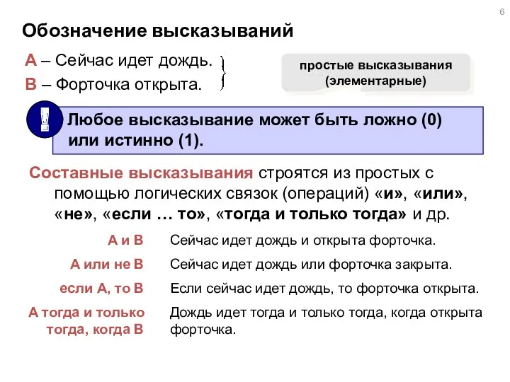 Обозначение высказываний A – Сейчас идет дождь. B – Форточка