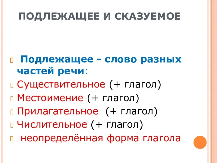 ПОДЛЕЖАЩЕЕ И СКАЗУЕМОЕ Подлежащее - слово разных частей речи: Существительное