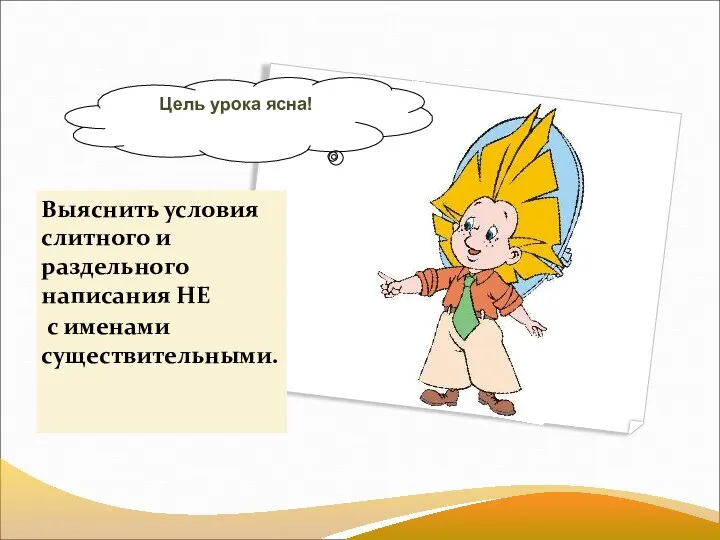 Выяснить условия слитного и раздельного написания НЕ с именами существительными. Цель урока ясна!