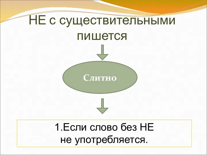 НЕ с существительными пишется Слитно 1.Если слово без НЕ не употребляется.