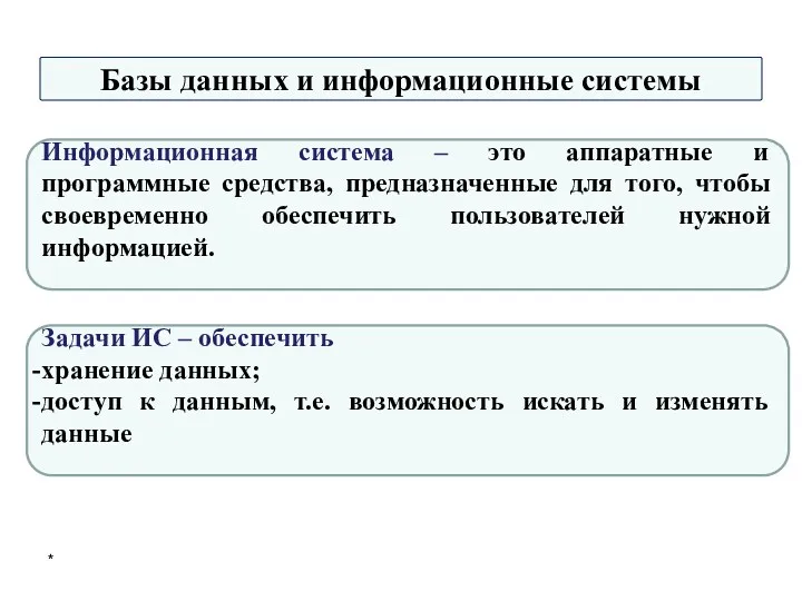 Базы данных и информационные системы * Информационная система – это