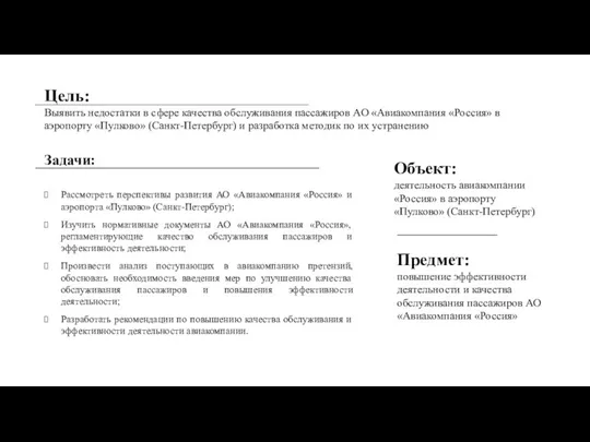 Цель: Выявить недостатки в сфере качества обслуживания пассажиров АО «Авиакомпания