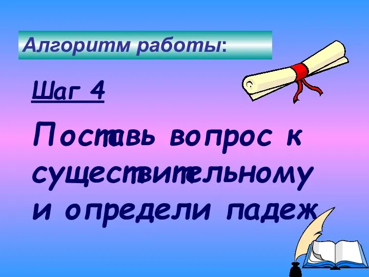 Поставь вопрос к существительному и определи падеж Шаг 4 Алгоритм работы: