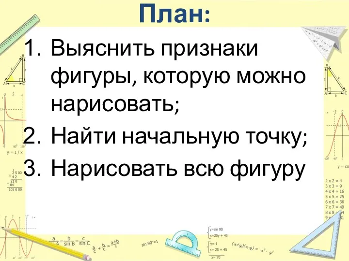 План: Выяснить признаки фигуры, которую можно нарисовать; Найти начальную точку; Нарисовать всю фигуру