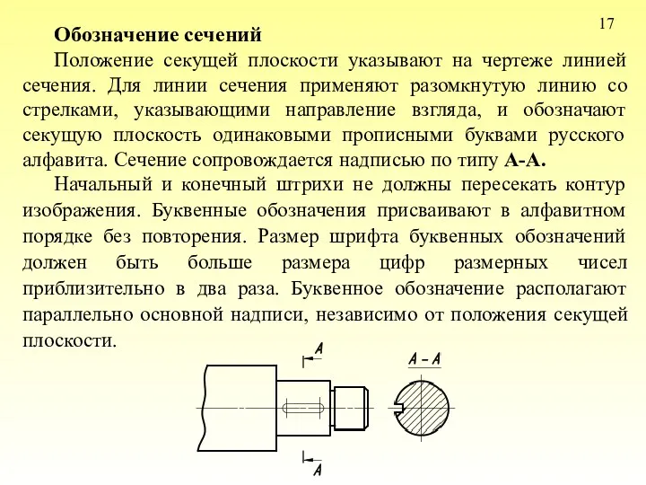 17 Обозначение сечений Положение секущей плоскости указывают на чертеже линией