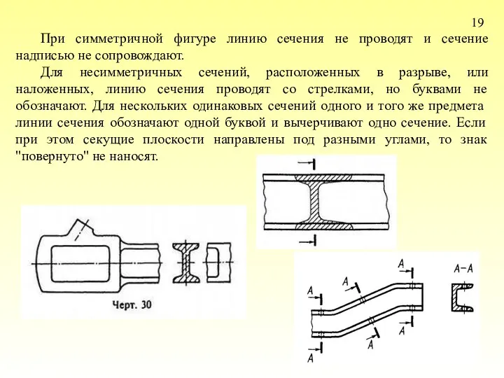 19 При симметричной фигуре линию сечения не проводят и сечение