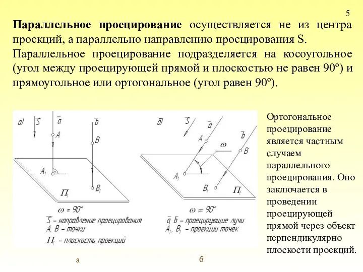 5 Параллельное проецирование осуществляется не из центра проекций, а параллельно