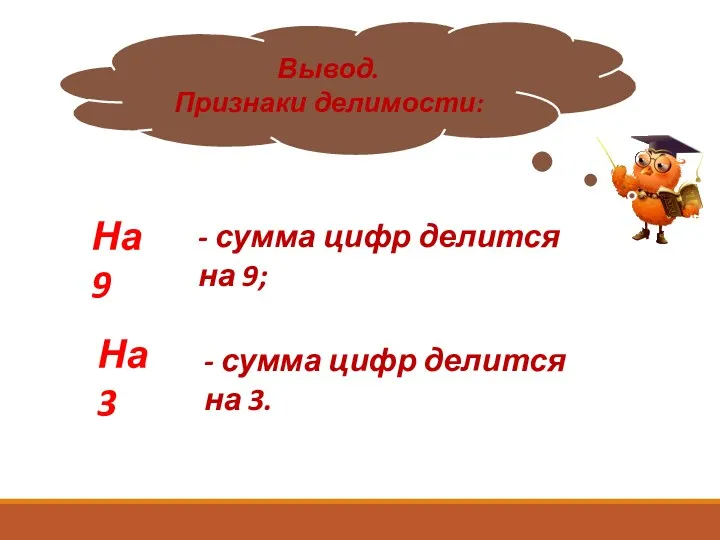 Вывод. Признаки делимости: На 9 На 3 - сумма цифр