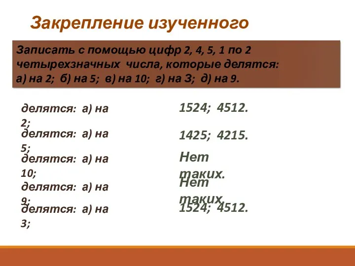 Закрепление изученного материала. Записать с помощью цифр 2, 4, 5,